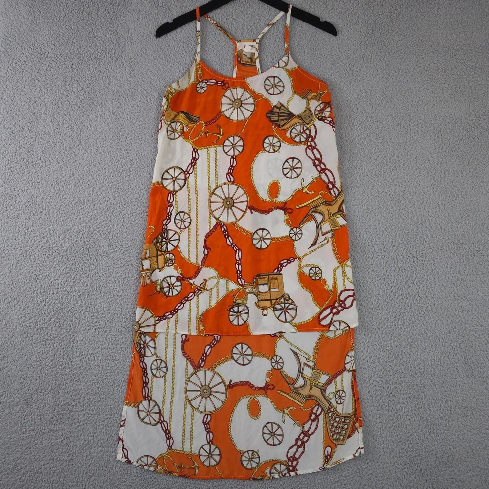 L'Atiste by Amy Dress Women M Orange White Carriage Wheel Print Hi Low Racerback